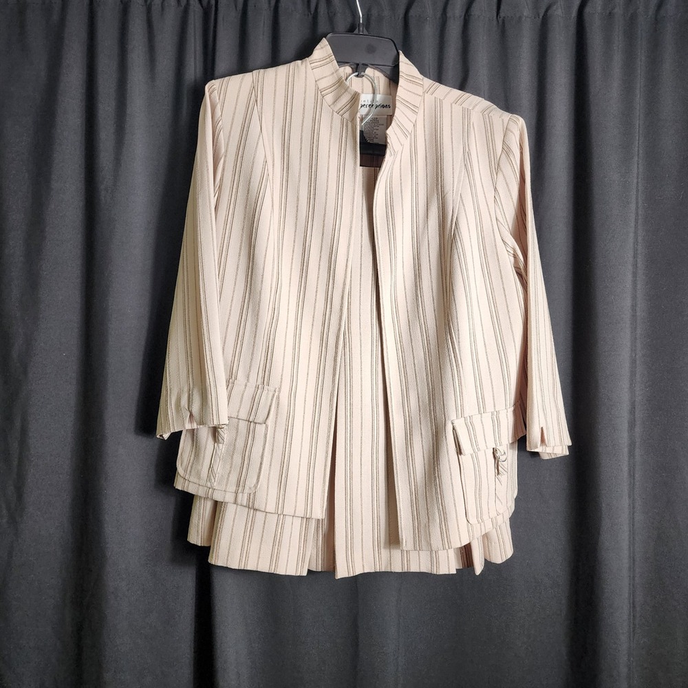 Petite Perceptions Beige Brown Striped 2PC Skirt‎ Suit Set 12P Mandarin Jacket